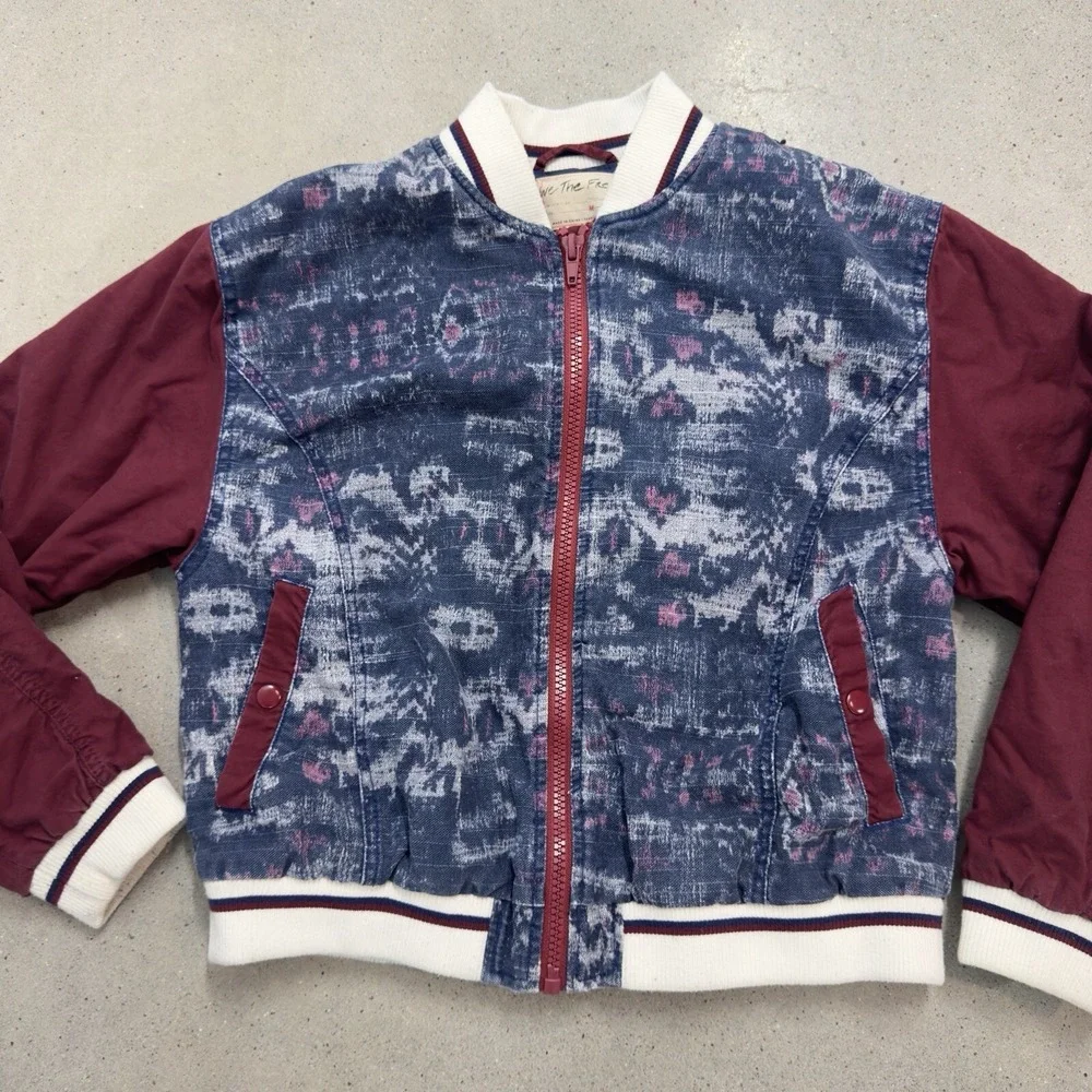 Free People Women's Bomber Jacket Varsity Dreams Linen Blend Ikat Print Sz Med